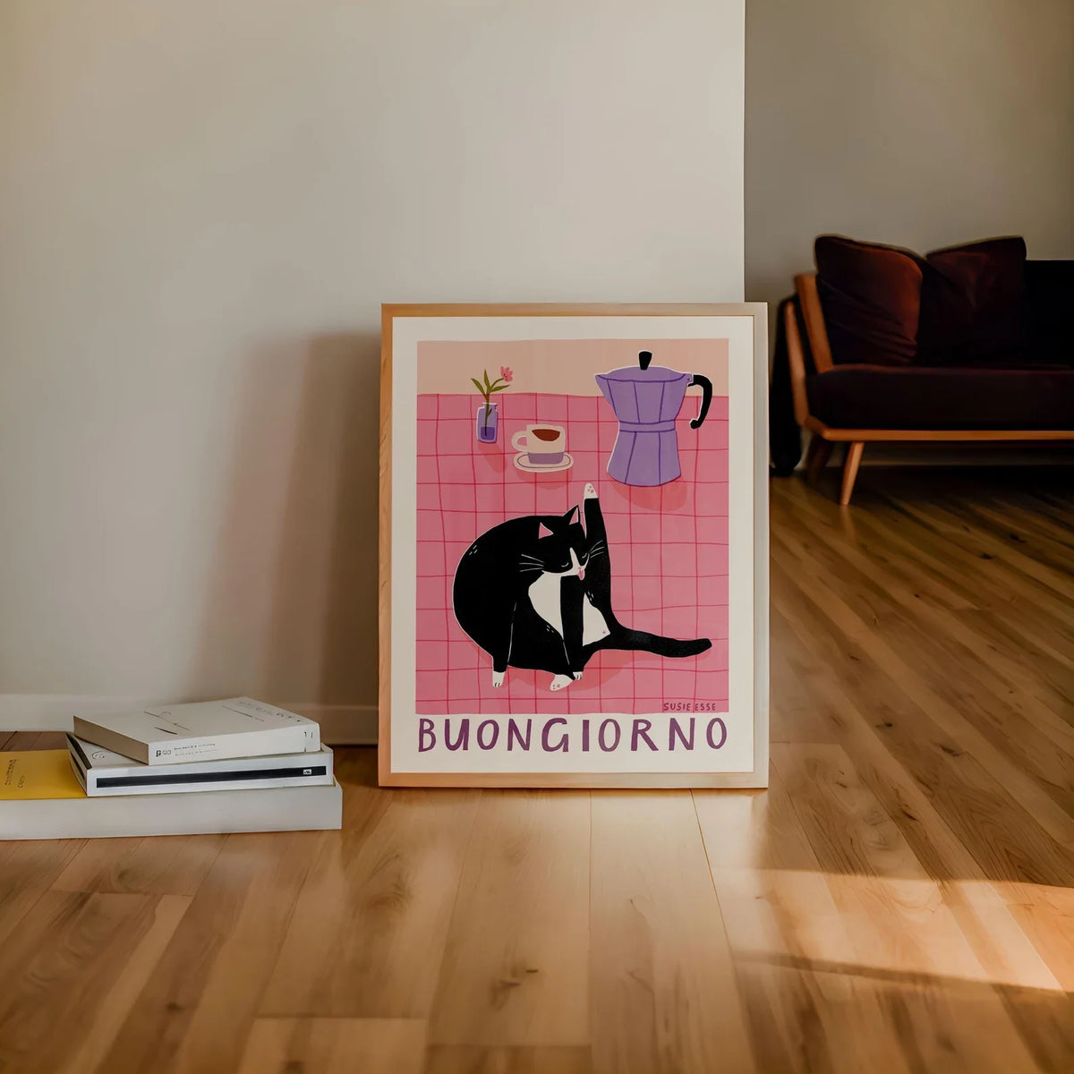 affiche imprimée chat noir blanc illustration fleur cadre doré salle manger cuisine 30x40cm