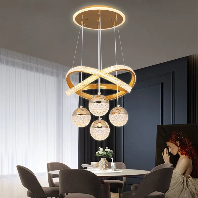 suspension lumineuse moderne or noir anneaux boules translucides led clips