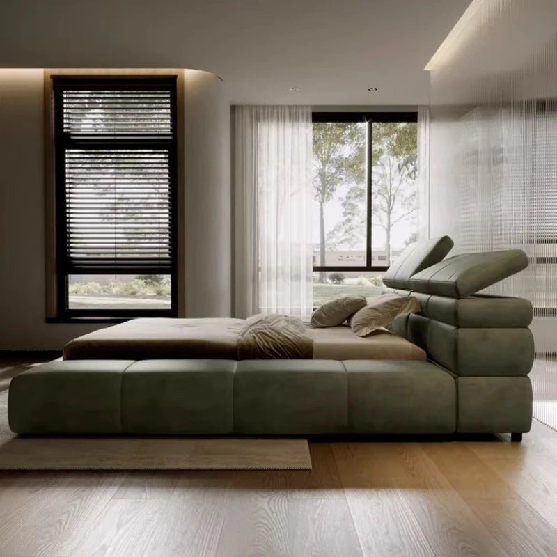 lit double vert olive velours moderne oreillers draps king size assemblage bois chambre