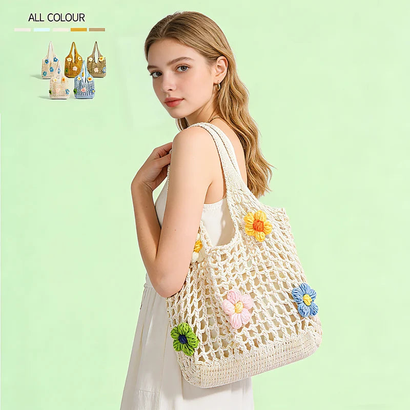 sac main fleurs relief blanc jaune rose bleu polyestere réutilisable multifonction opacité crocheté