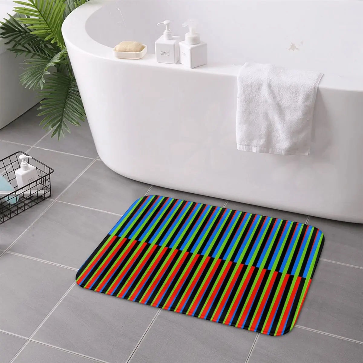 tapis antidérapant imperméable moderne rayures colorées extérieur entrée bain sol rouge bleu vert jaune