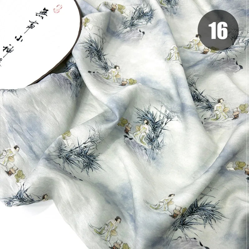tissu imprimé chinois personnages traditionnels bambous fleurs beige vert bleu rose