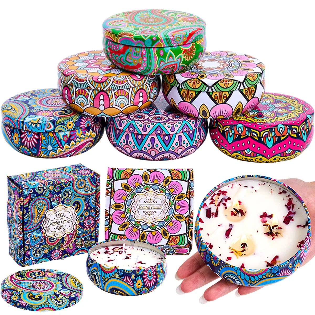 bougies parfumées boîte florale artistique motifs colorés cadeaux anniversaire mariage