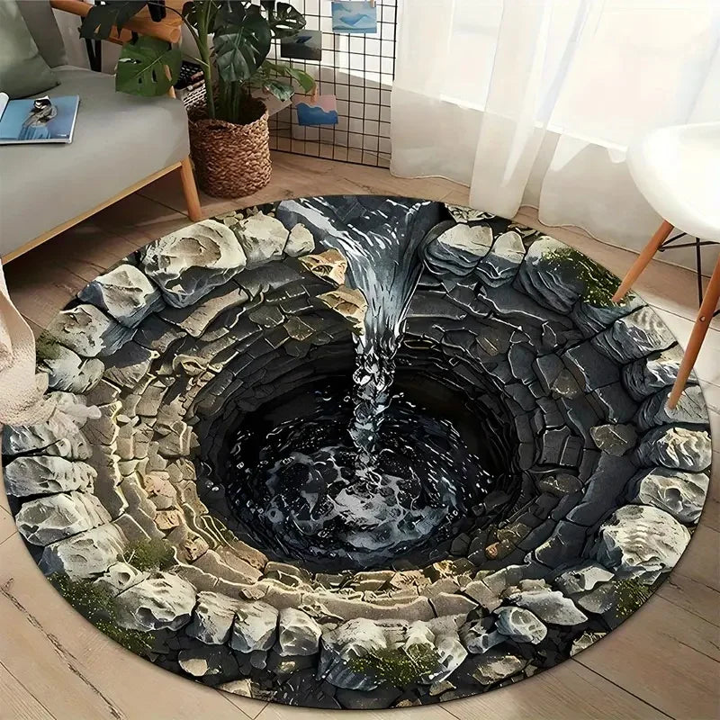 tapis rond scénique paysage aquatique moderne bleu vert noir gris orange