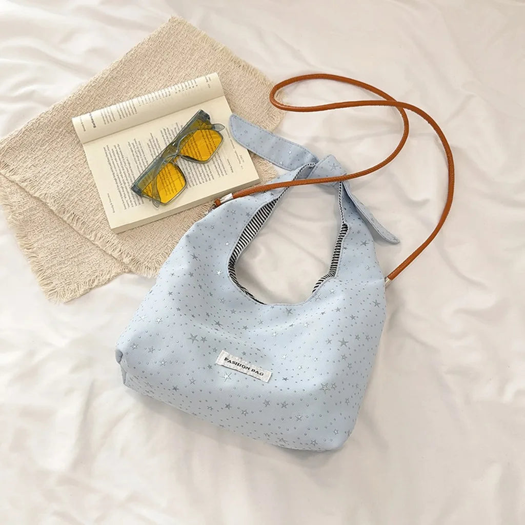sac main femme rose clair étoiles dorées doux moderne casual tote toile