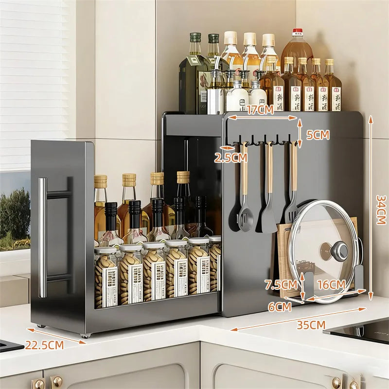 rangement cuisine blanc moderne cuillères bouteilles sauces épices poignées métalliques sans assemblage