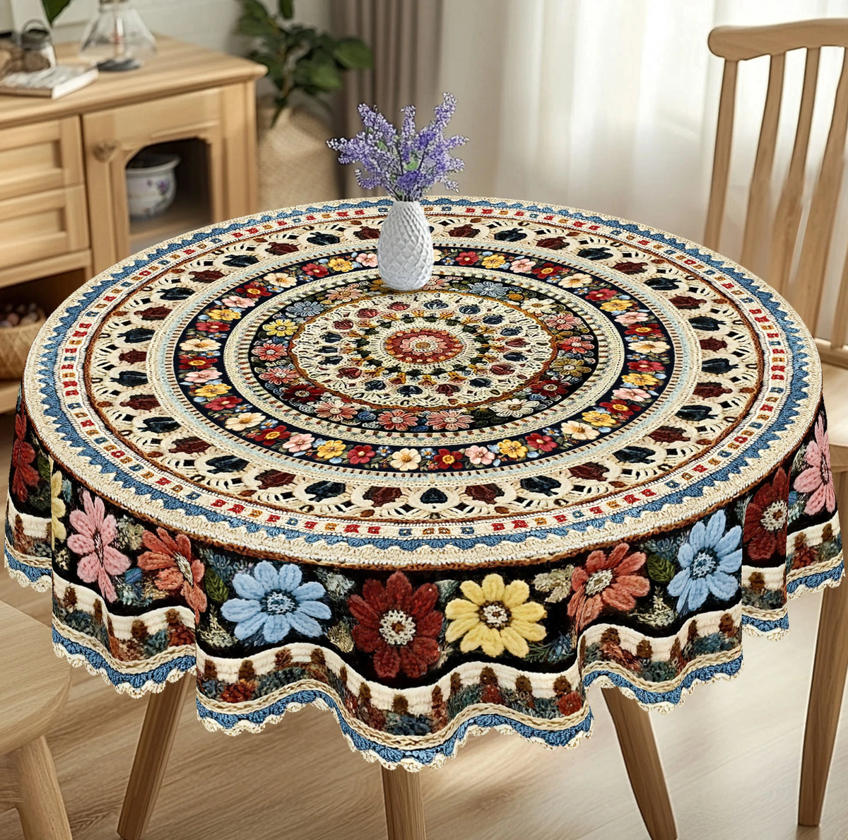 nappes bohèmes imprimées motifs floraux bordures festonnées tables rondes rectangulaires printemps été decoration maison