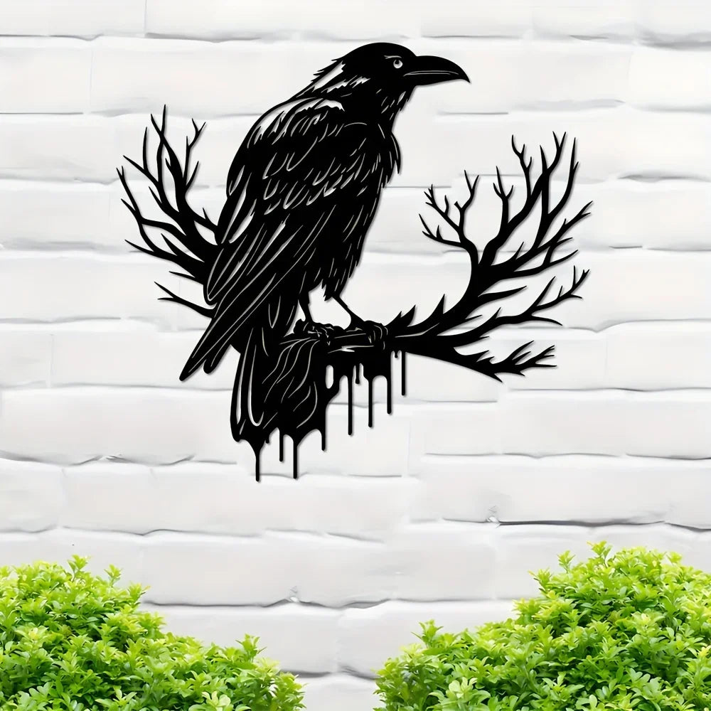 décoration murale corbeau branche stylisée gothique oiseau plumes métal noir artisanal intérieur élégance mystère