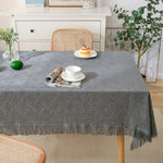 nappe rectangulaire imperméable motif géométrique franges bohème rustique verte blanche grise table basse pique