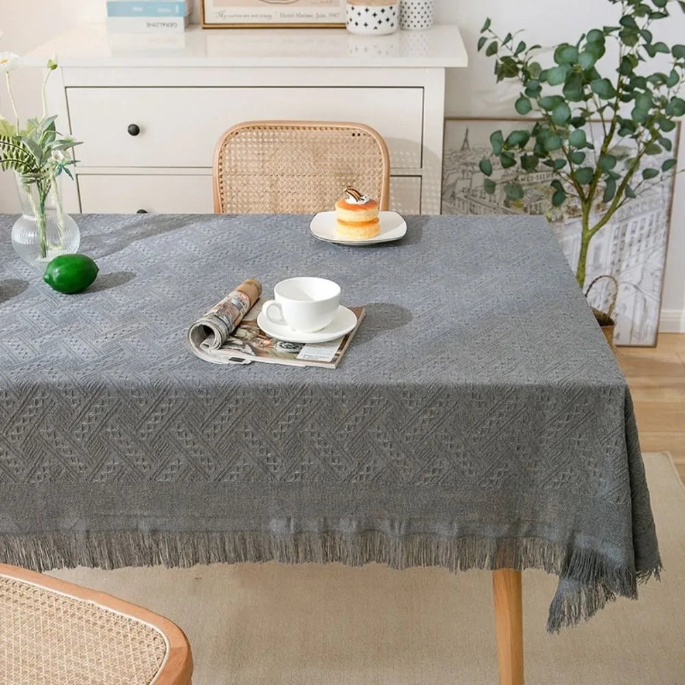 nappe rectangulaire imperméable motif géométrique franges bohème rustique verte blanche grise table basse pique