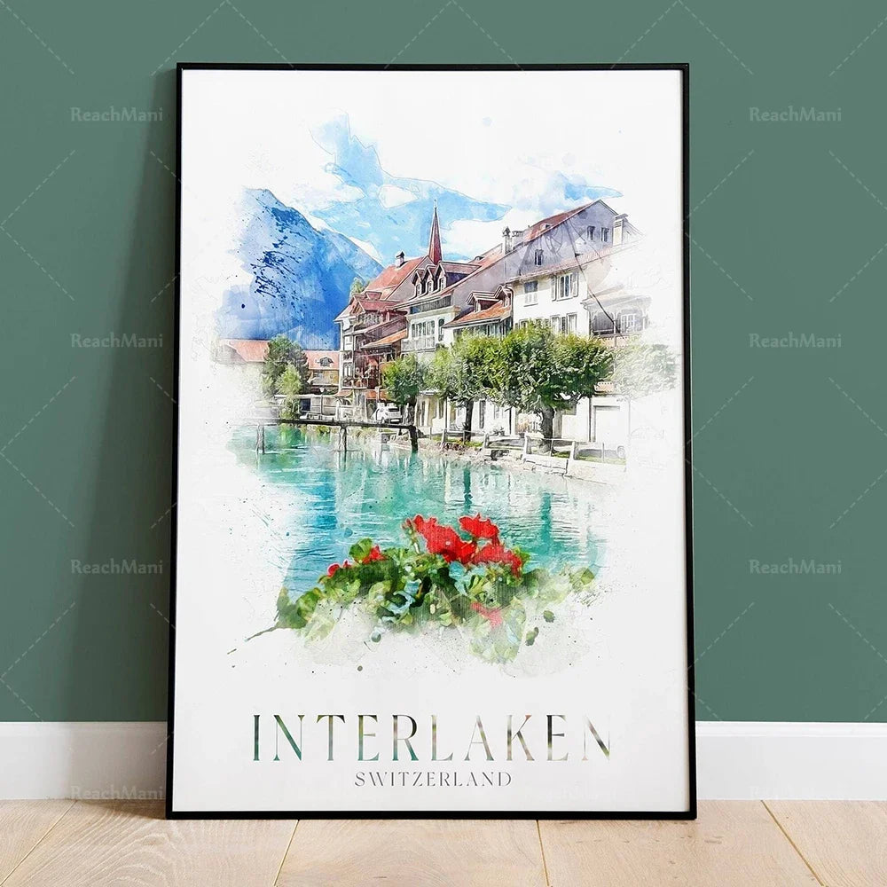 Cette image évoque un pittoresque village suisse sur les rives d'un lac, avec des bâtiments colorés et une flore fleurie au premier plan, sous un ciel bleu nuageux.