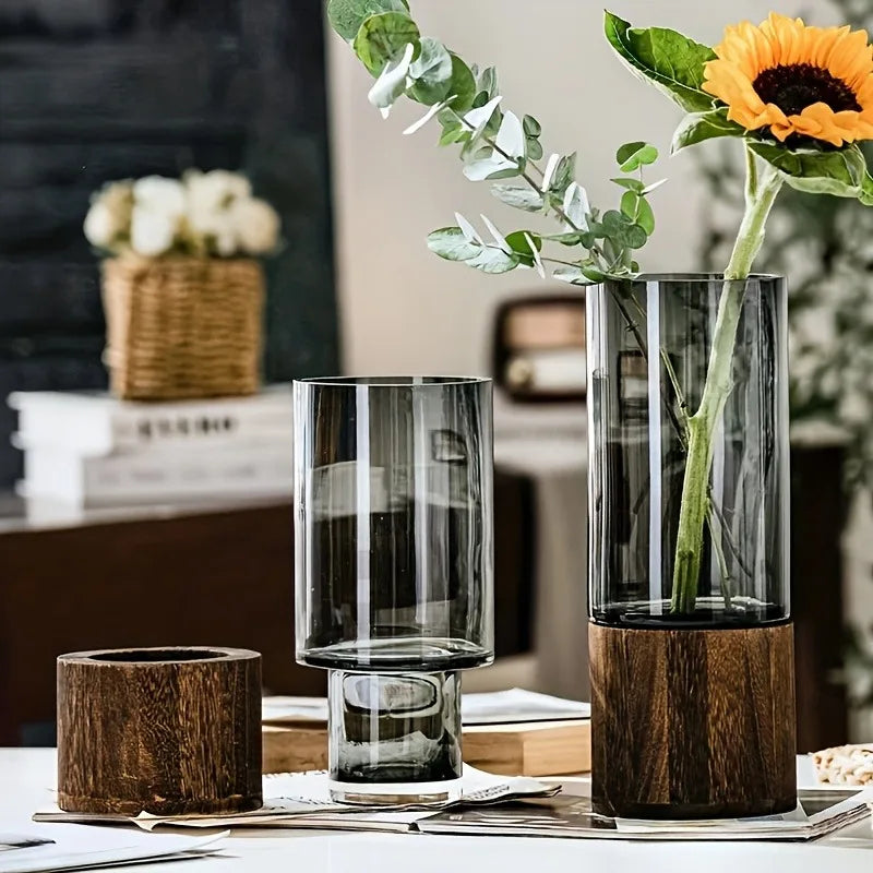 vase decoratif verre transparent bois marron moderne minimaliste table salon fleurs