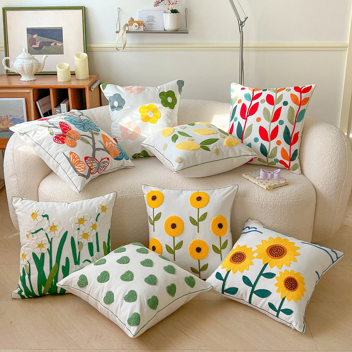 taie d'oreiller carrée fleur motif moderne polyester coton 45x45cm blanc