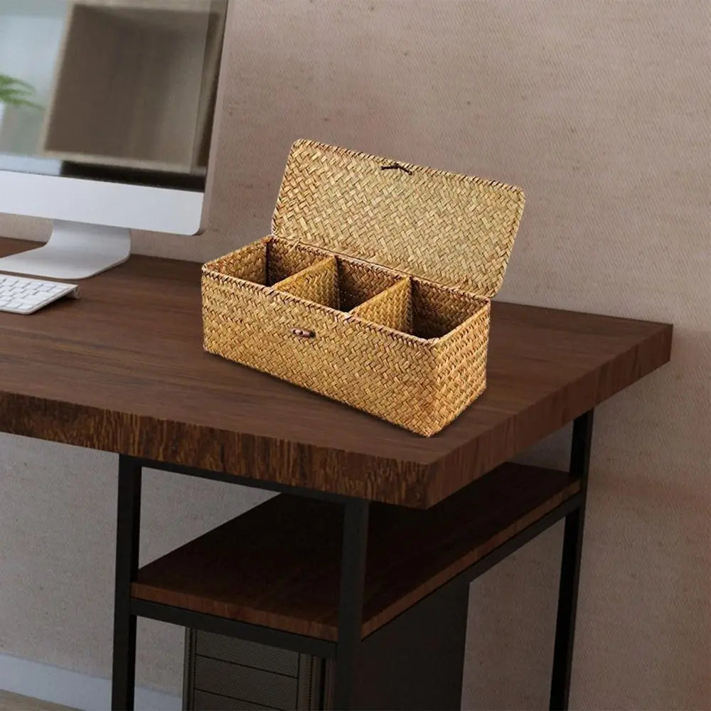panier compartiments marron clair tissé rustique poignée bois couvercle rangement intérieur