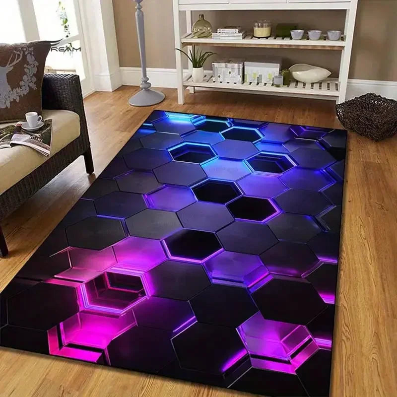 tapis sol velours noir bleu violet motif hexagone moderne antidérapant salon chambre