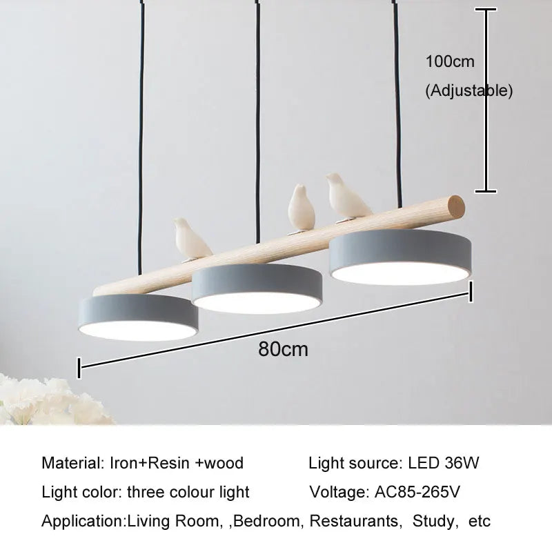 lampe suspendue moderne minimaliste led gris blanc rose jaune bleu oiseaux résine bois