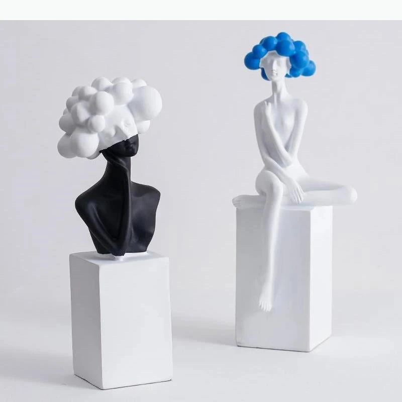 sculpture contemporaine buste nu cheveux noir blanc bleu or décoration maison minimaliste