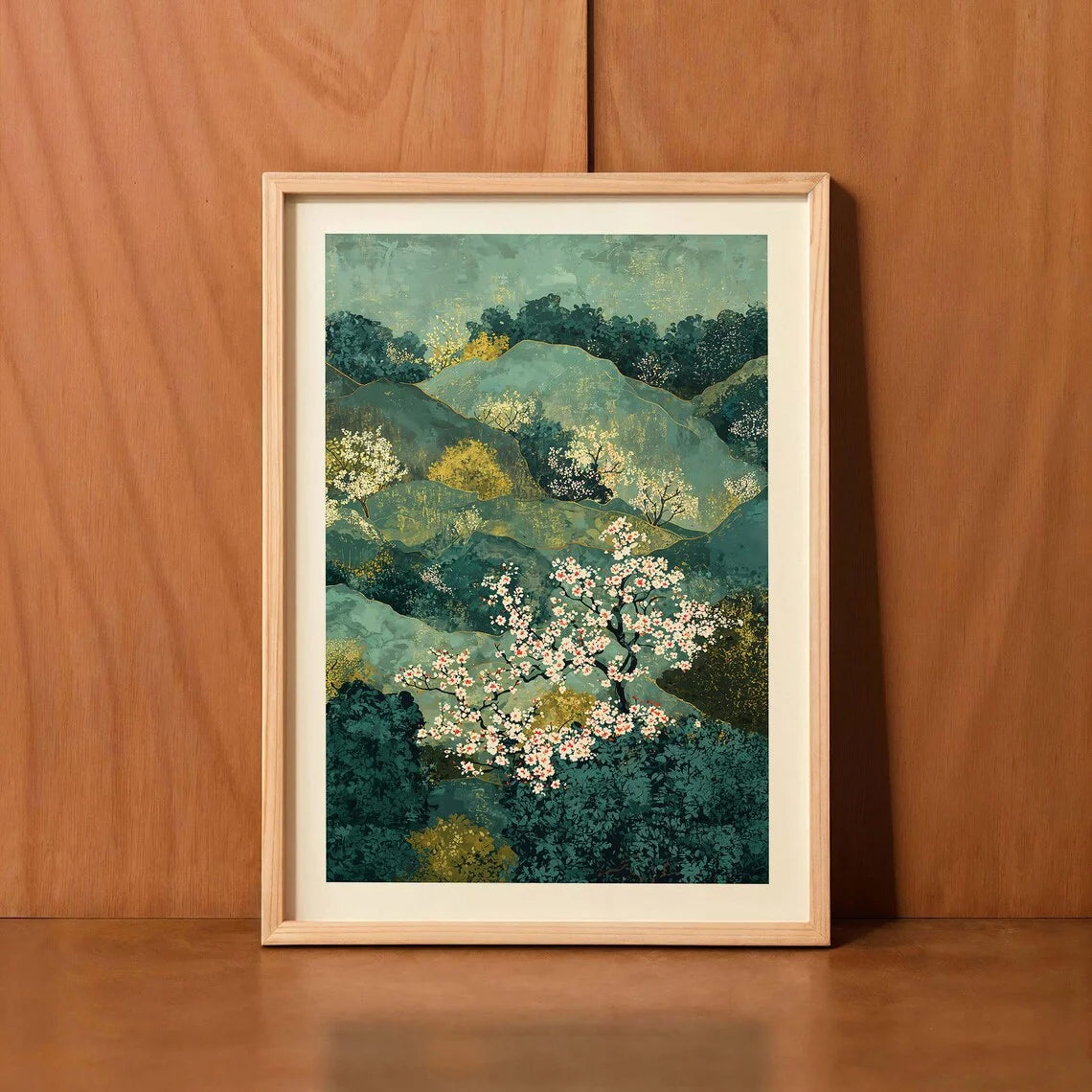 affiche paysagère artiste montagneuses fleurs blanches verte opaquement cadre bois chambre salon decoration vertical