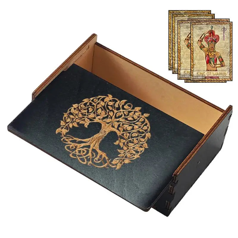 boîte rangement bois vintage carte tarot arbre vie fleur lotus lune pentacle respectueux environnement