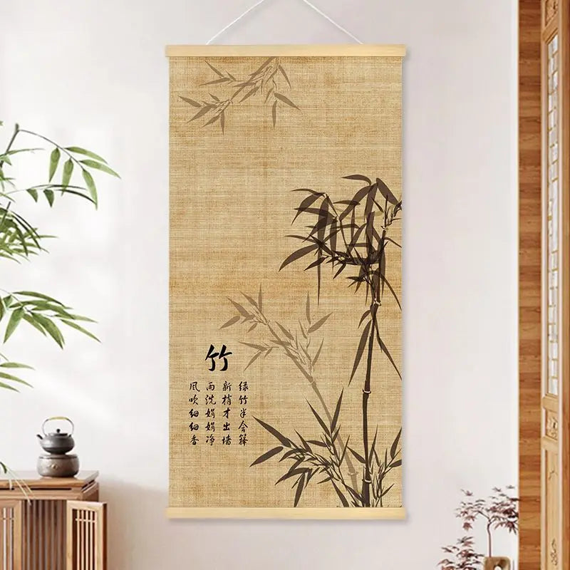 peinture suspendue chinois bambou fleurs insectes textes beige noir rouge vert