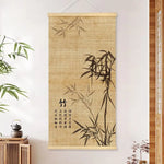 peinture suspendue chinois bambou fleurs insectes textes beige noir rouge vert