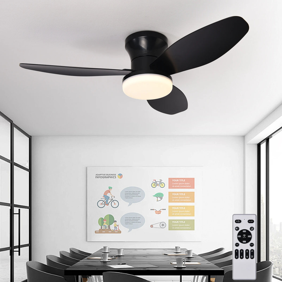 ventilateur led lumière télécommande noir blanc bois moderne traditionnel assemblage