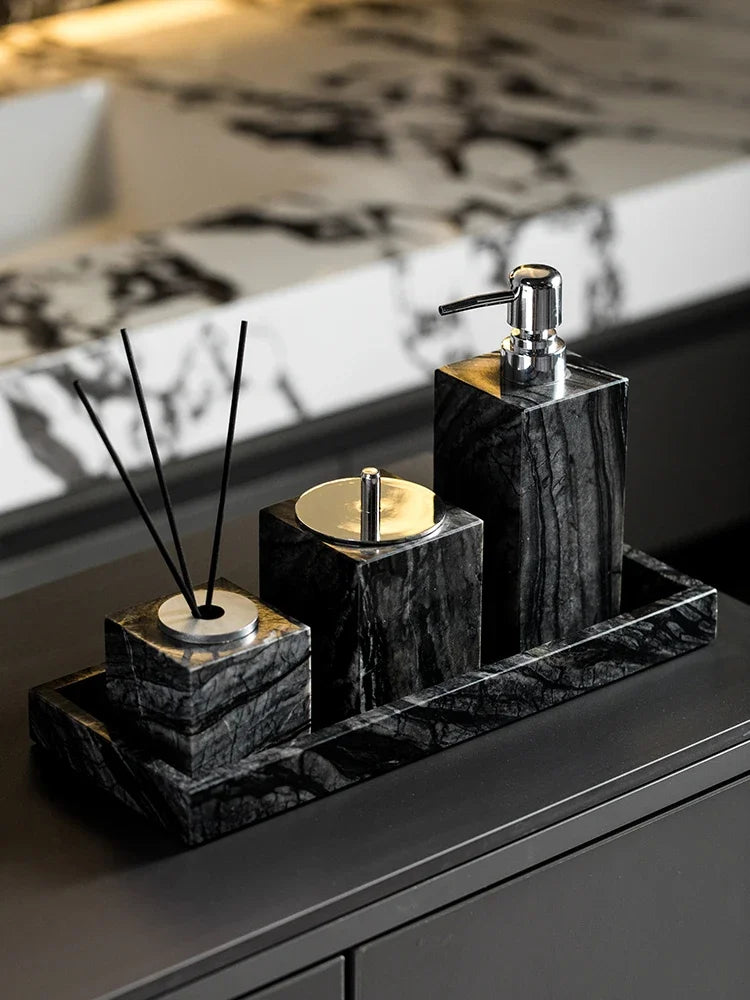 ensemble accessoires salle bain marbre noir distributeur savon porte serviette diffuseur luxe moderne