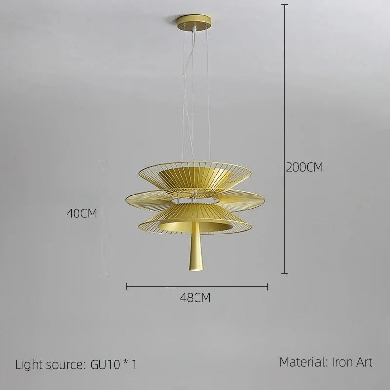 suspension lumineuse or noir contemporain minimaliste ampoule led intégrée fixation câbles métal superposé
