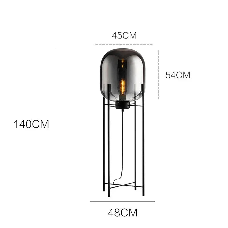 lampe sol moderne transparente ampoule filament noir gris fumé led verre minimaliste