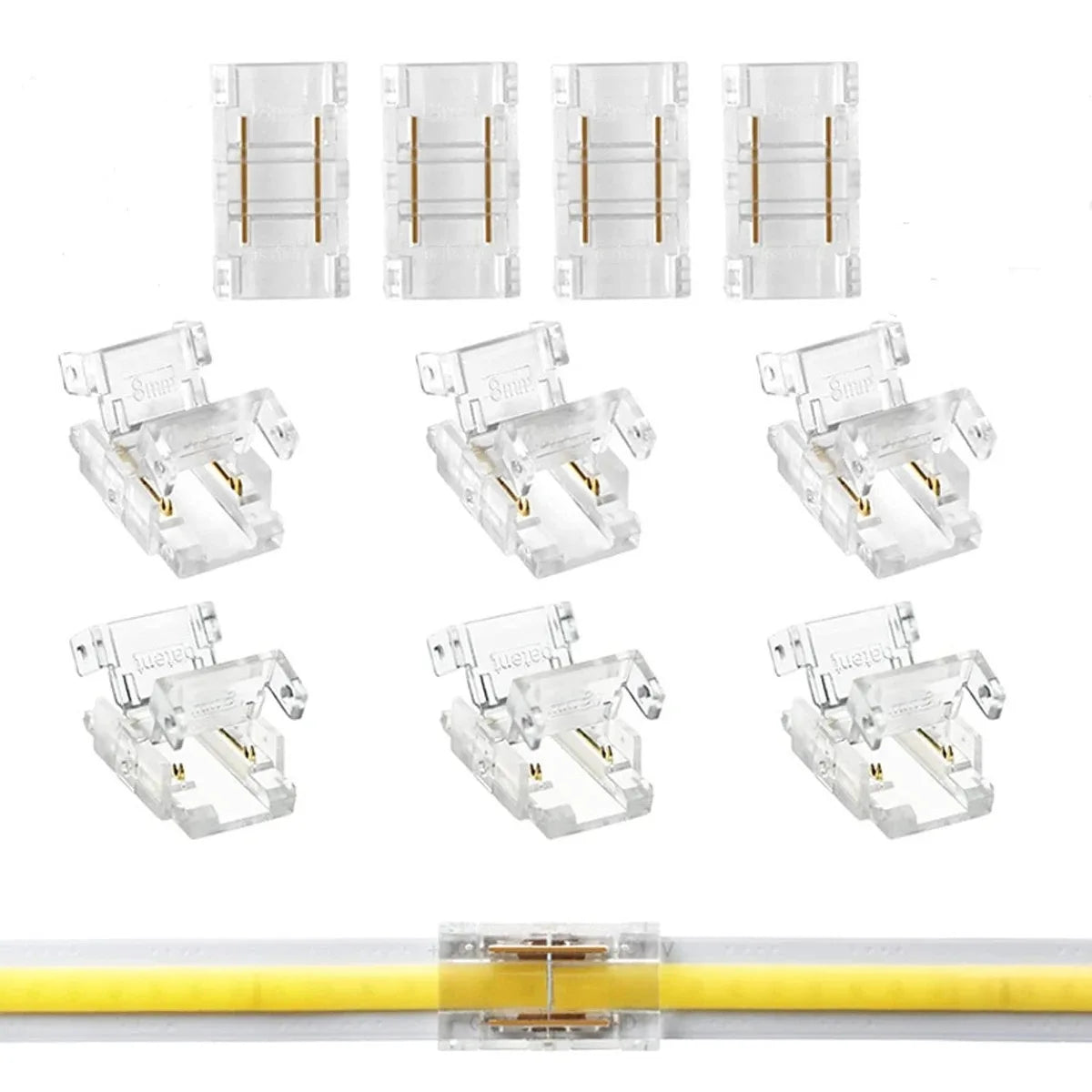 connecteur angle droit 90 degrés ruban led cob clips fixation pression transparent blanc