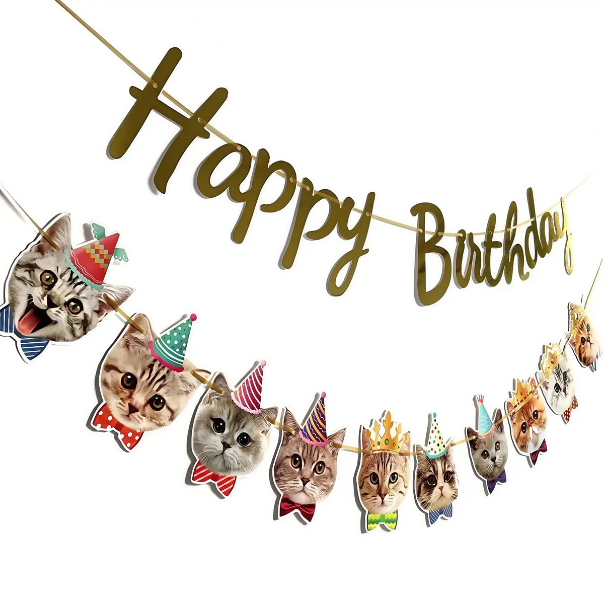 décoration fête anniversaire guirlande chats chapeaux couronnes nœuds papillon or multicolore clips métalliques mignon