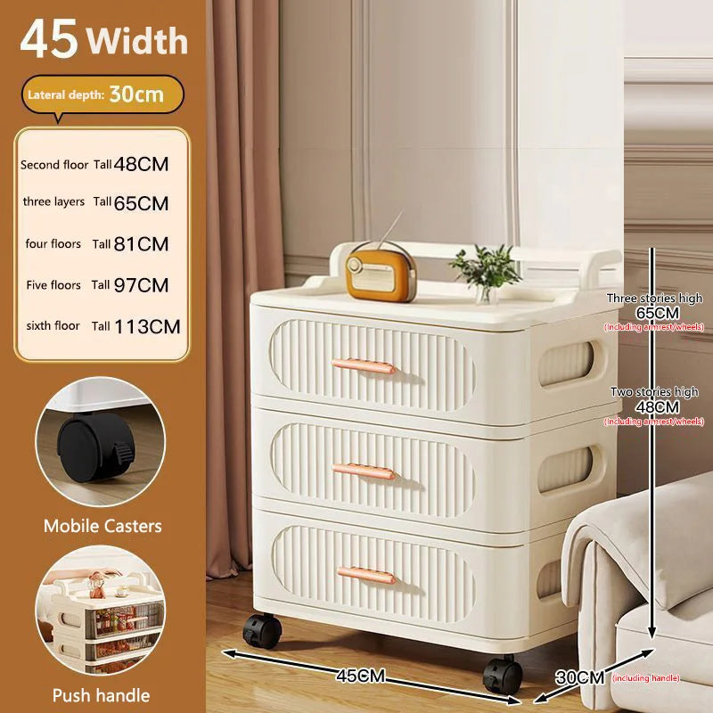 meuble rangement mobile tiroirs roulettes beige clair rayures horizontales moderne
