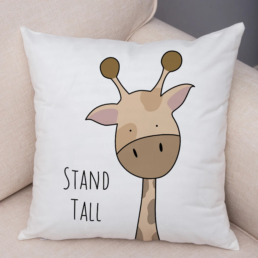 taies d'oreiller animaux girafe lion hippopotame cartoon couleurs positives be brave be unique
