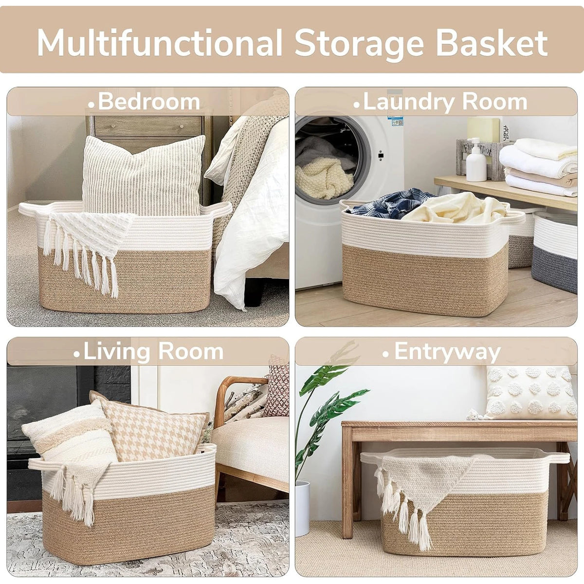 panier rangement tissé polyester pliable beige blanc rayures horizontales moderne rustique