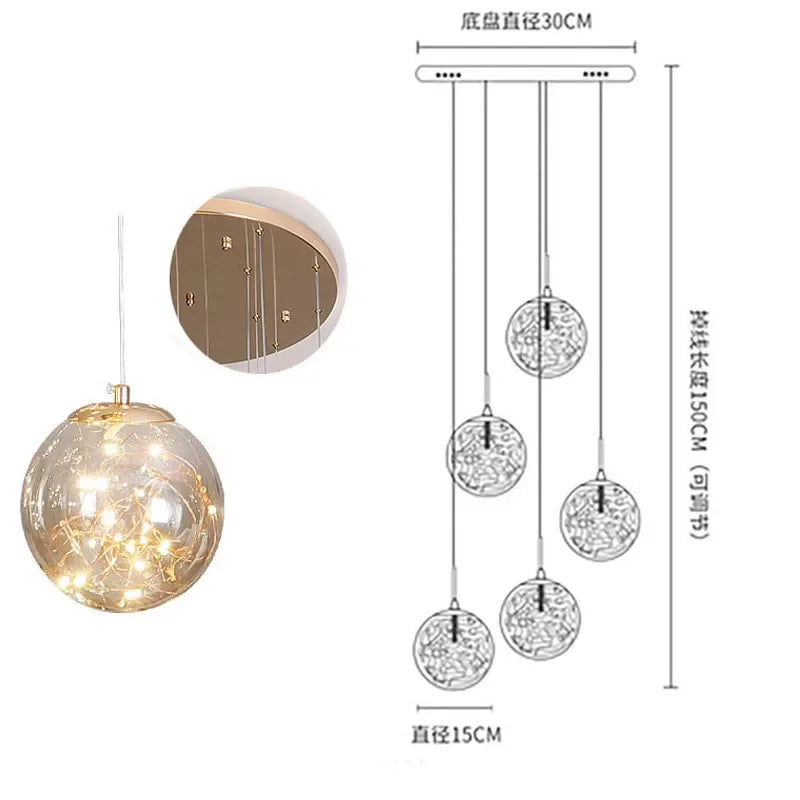 lustre suspension moderne verre transparent brillantes acier argenté luminaire escalier luxe