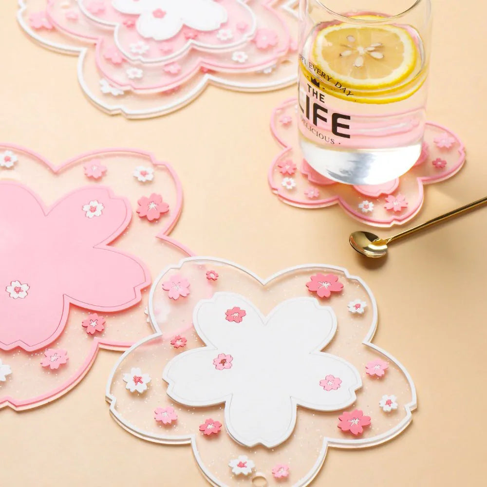 coasters polyester transparents fleurs roses blanches modernes antidérapants cuisine décoration