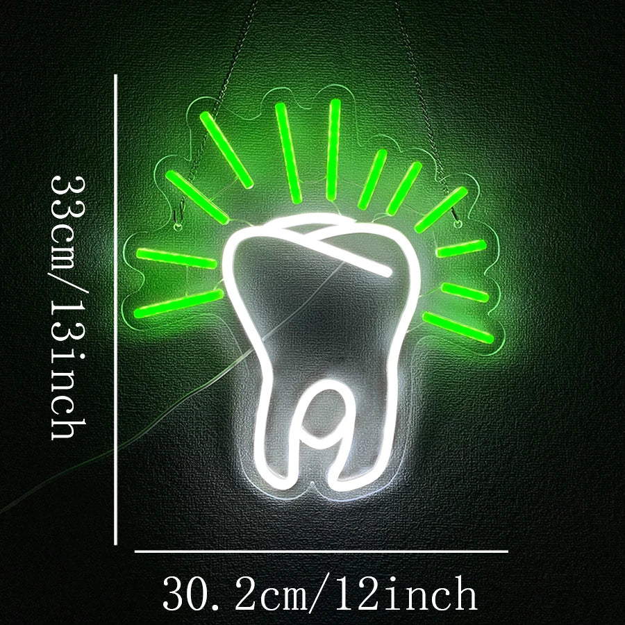 enseigne lumineuse dent blanche verte rose jaune étoile brosse dents néon opaques crochets