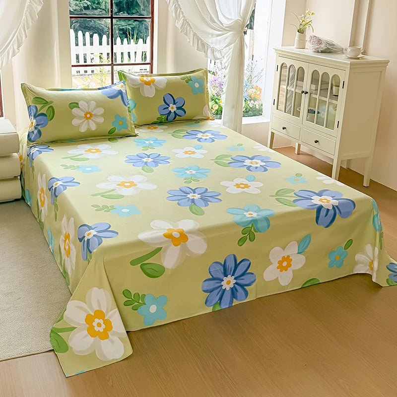 drap lit fleurs motif floral vert clair bleu blanc jaune 100 polyester moderne pièces