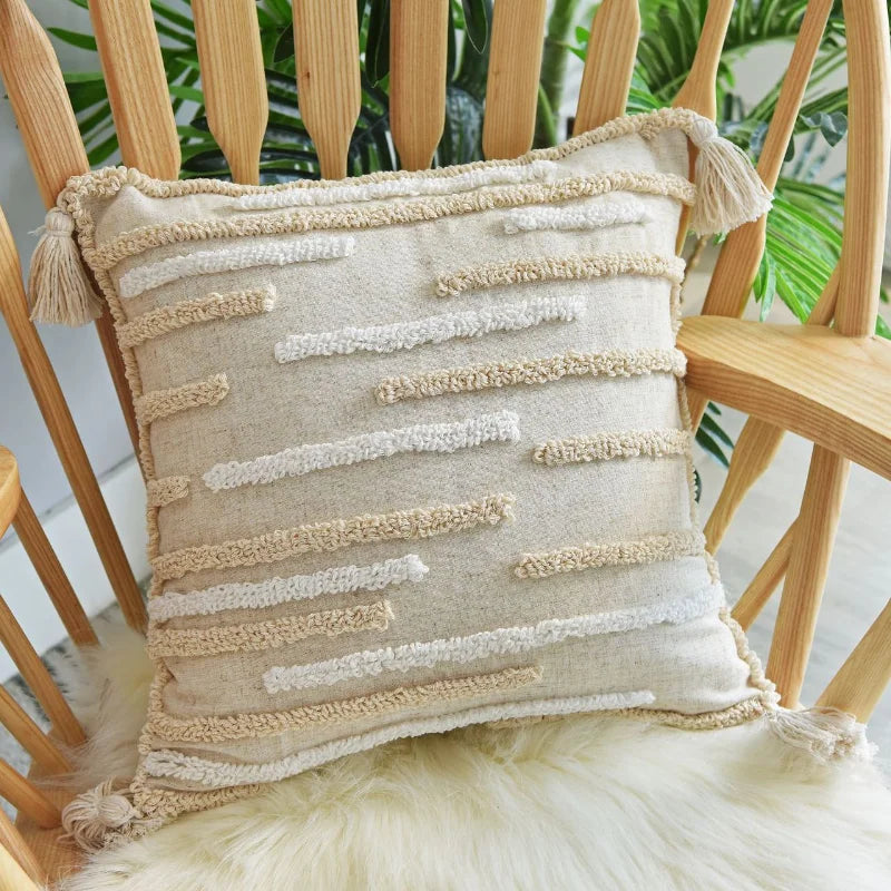 coussin beige géométrique frange boho chic intérieur décoration maison lavable