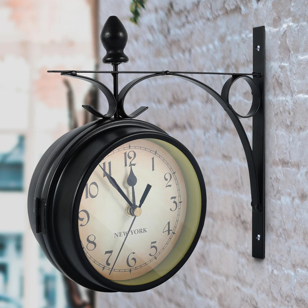 horloge murale double face vintage antique aiguilles mécaniques noir beige salon chambre