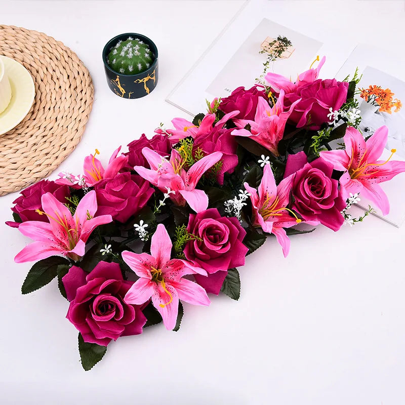 décoration intérieure bouquet artificiel fleurs lys roses moderne clips métalliques bleu rose violet vert