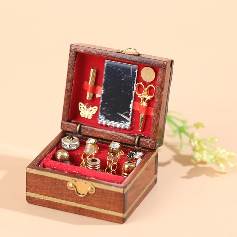 coffret bijoux miniature vintage bois marron velours rouge miroir ciseaux papillon bijoux enfants chic