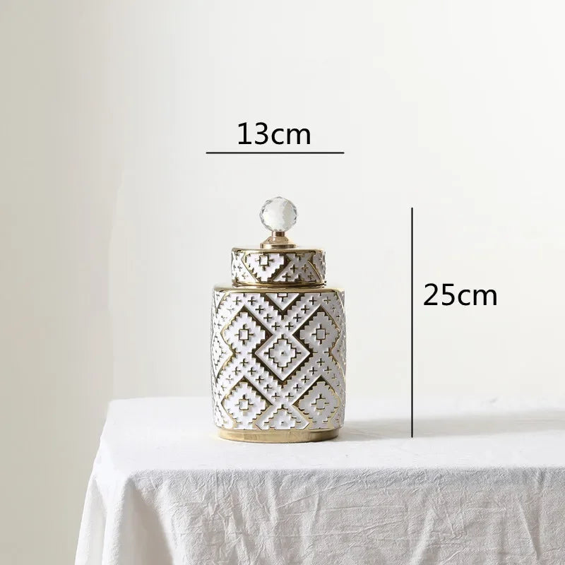 vases décoratifs modernes motifs géométriques or blanc couvercle transparent élégants intérieurDecoration