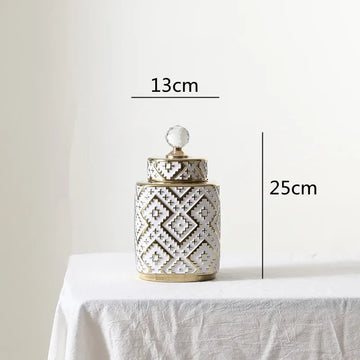 vases décoratifs modernes motifs géométriques or blanc couvercle transparent élégants intérieurDecoration