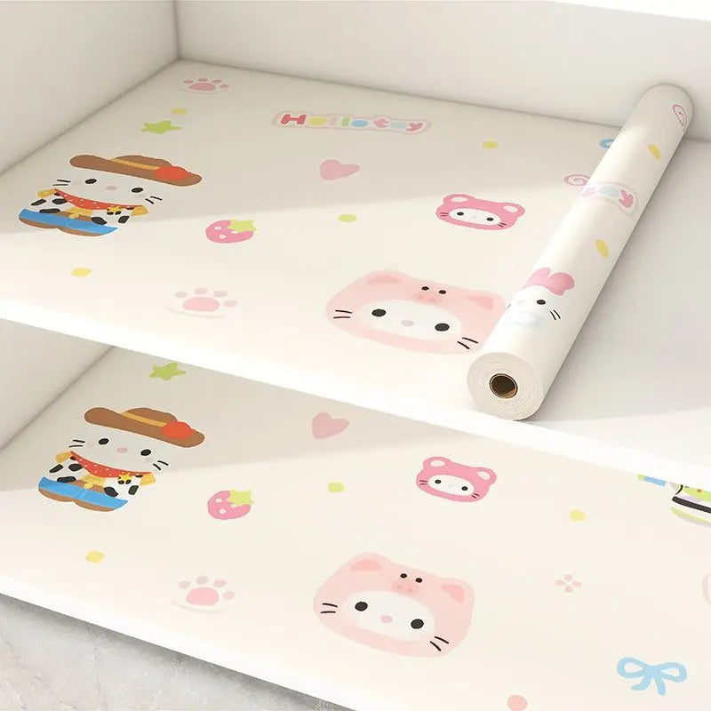 tapis protection meubles hello kitty dessins coeurs étoiles gâteaux adhésif beige clair 300x45cm résistant