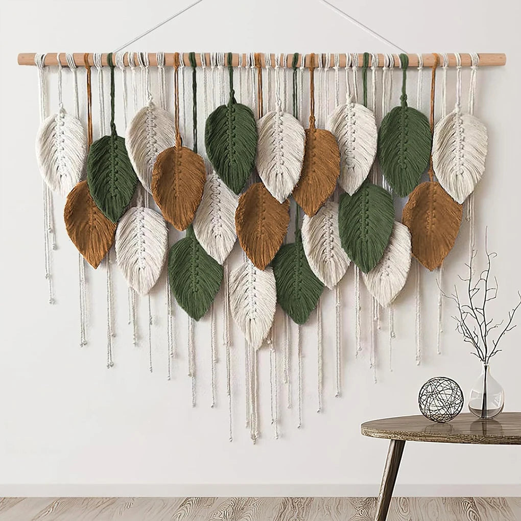 décoration murale boho feuilles stylisées coton biologique rubans vert beige gris