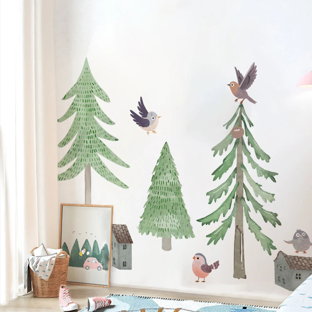 sticker mural arbre forêt oiseau maison voiture enfant illustration scandinave chambre decoration