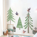sticker mural arbre forêt oiseau maison voiture enfant illustration scandinave chambre decoration