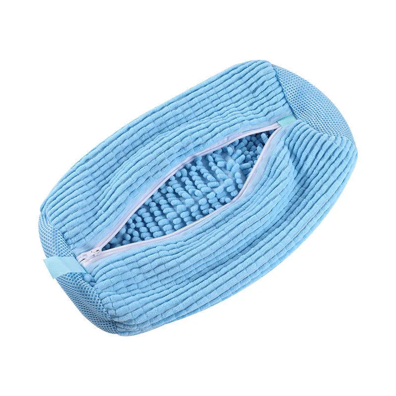 sac lavage chaussures réutilisable coton texture côtelée jaune bleu transparent fermeture éclair anse pratique