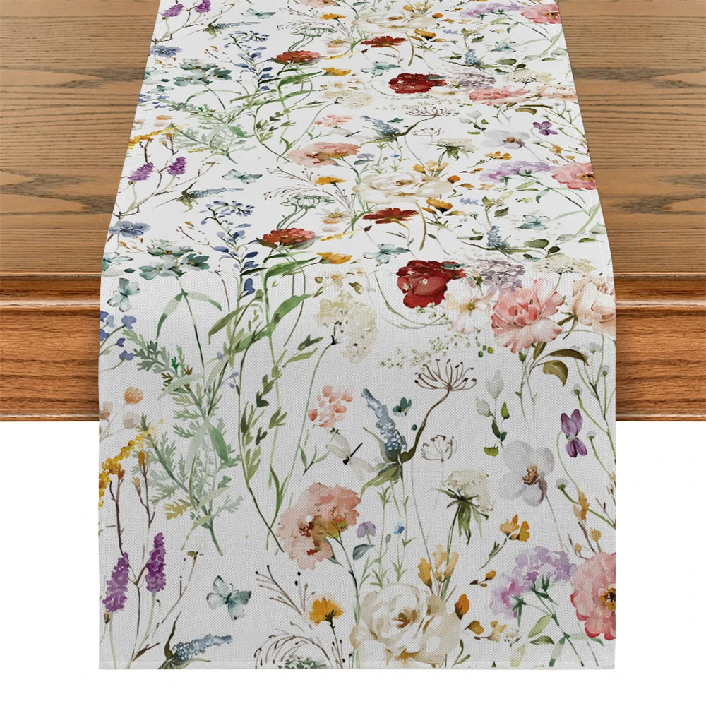 chinois table runner fleurs peinture aquarelle polyestere maison violet blanc bleu